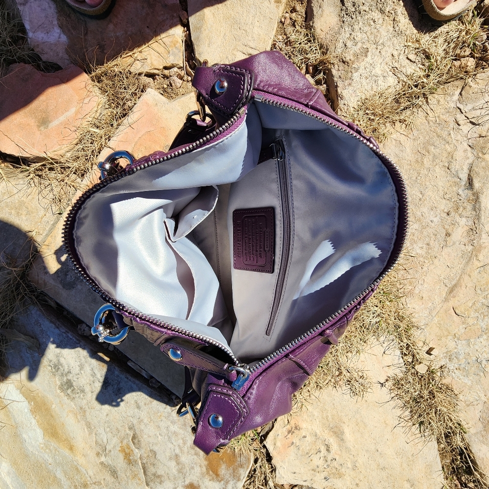 Coach Ashley Gathered Satchel All Leather Purse Bag Aubergine Purple - Picture 9 of 10
